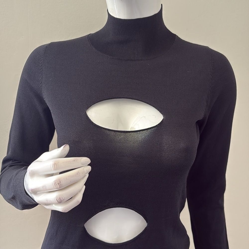 Miaou Eros Black Cutout Long Sleeve Thin Knit Mock Neck Sweater Top - Picture 2 of 8